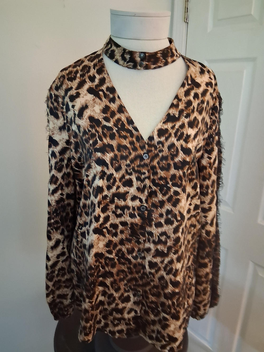 Signature Studio Leopard Print Button-Down Shirt with Choker - Brown
